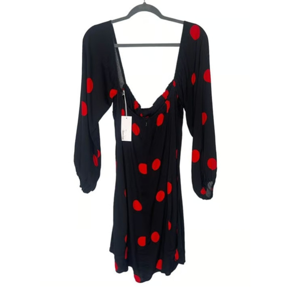 NWT Reformation 12 Roshay Polka Dot Off the Shoulder Dress Long Sleeve Black Red - Picture 4 of 5